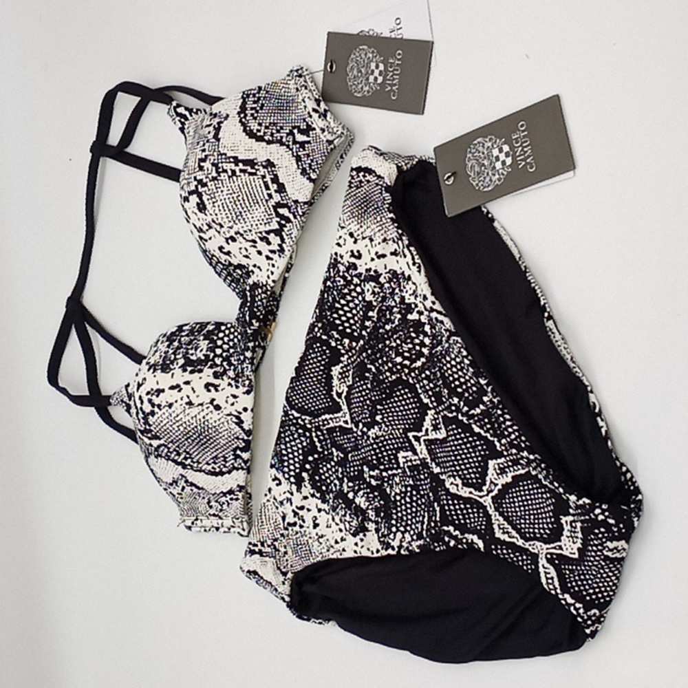 Vince Camuto Snakeprint Strappy Back Bikini Set White Black S/XS